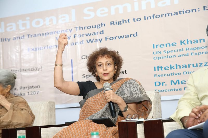 UN special rapporteur Irene Khan speaks at a national seminar on RTI on 11 September